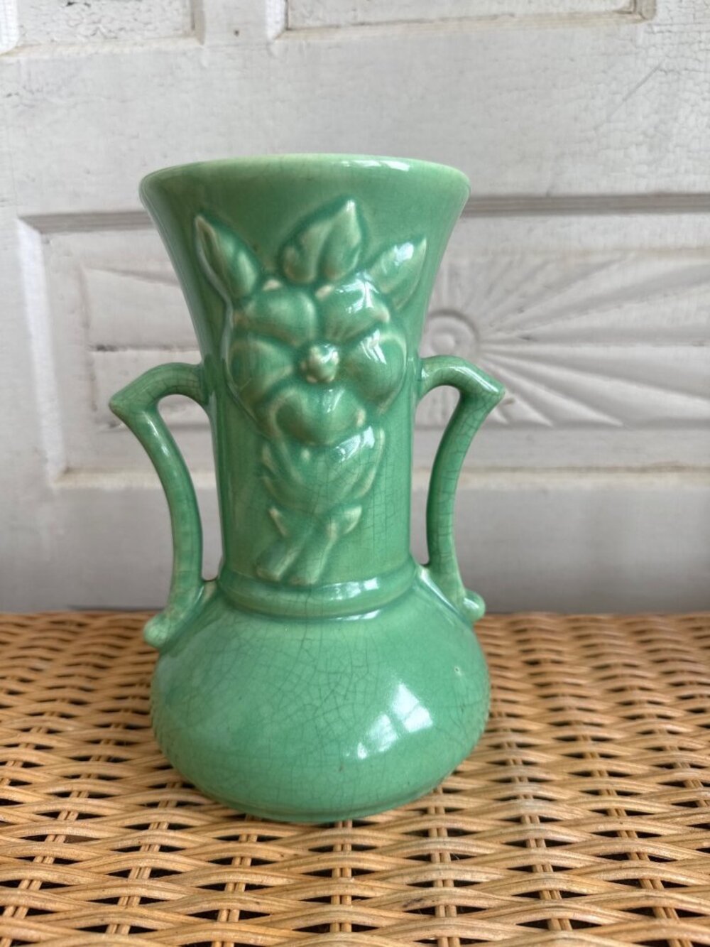 Vintage 1940s McCoy Green Two Handle Vase With Flower 9" Tall